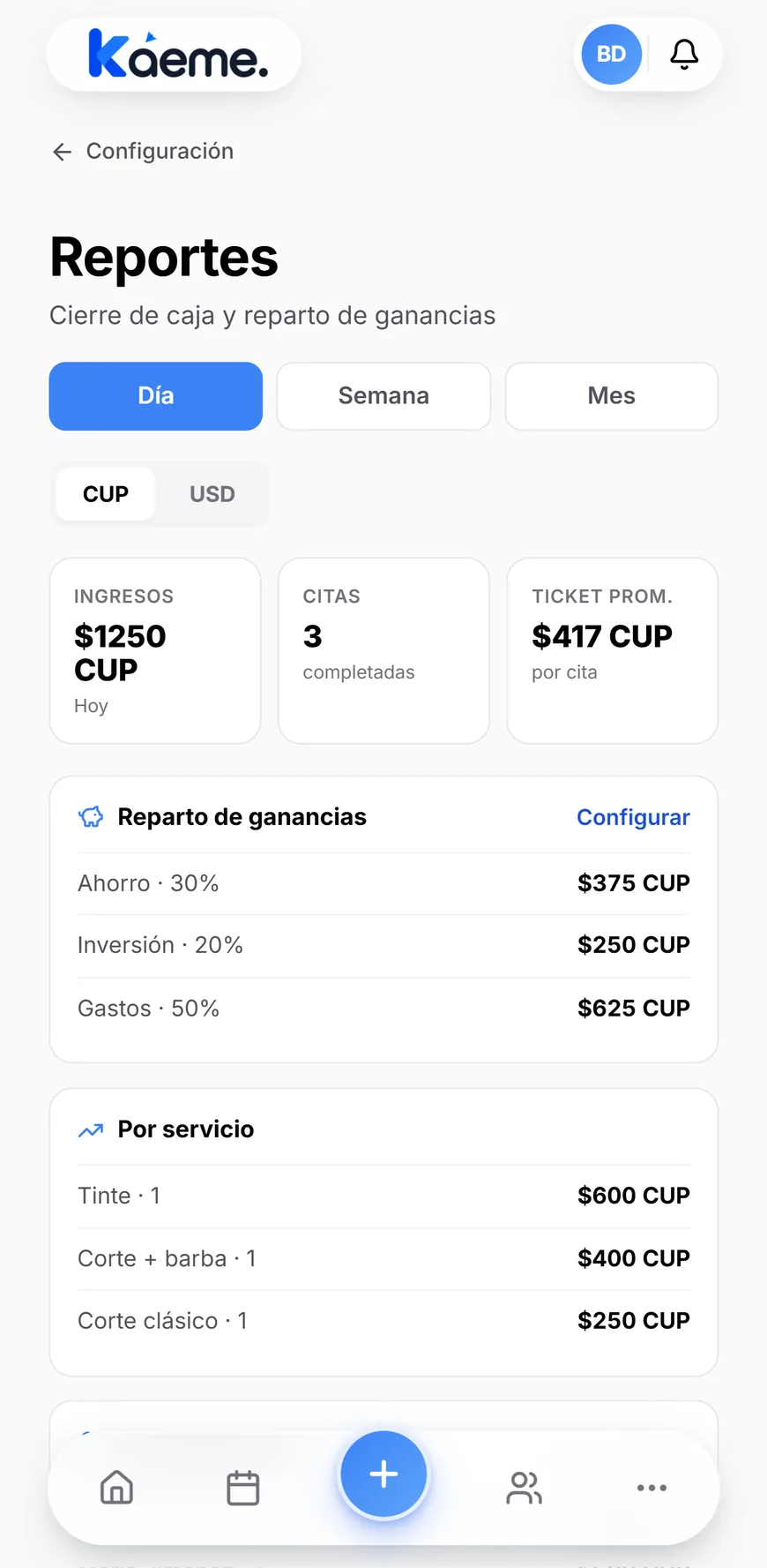 El reporte de ingresos de Kaeme: cierre de caja, citas completadas y reparto de ganancias